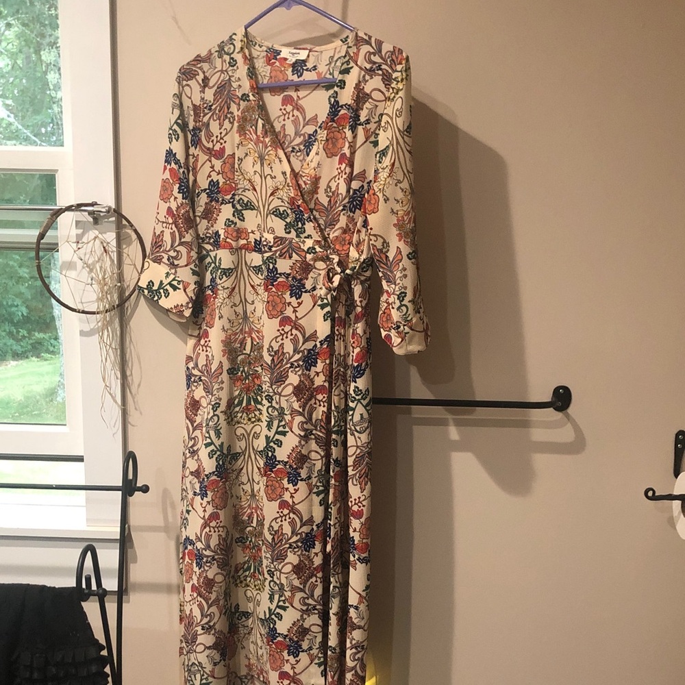 Hayden Floral Cream burgundy orange Wrap midi/Maxi Dress with Tie Waist